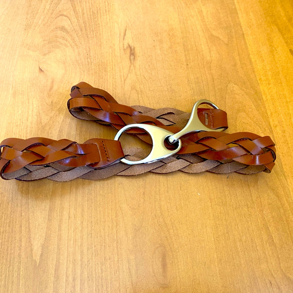 Simons Braided Leather Belt Size L Silver Tone Buckle.
